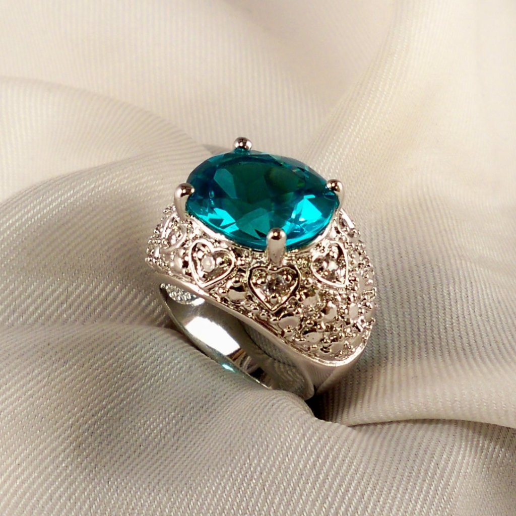 New Suzanne Somers Dark Aquamarine Cubic Zirconias, Hearts Silver Ring